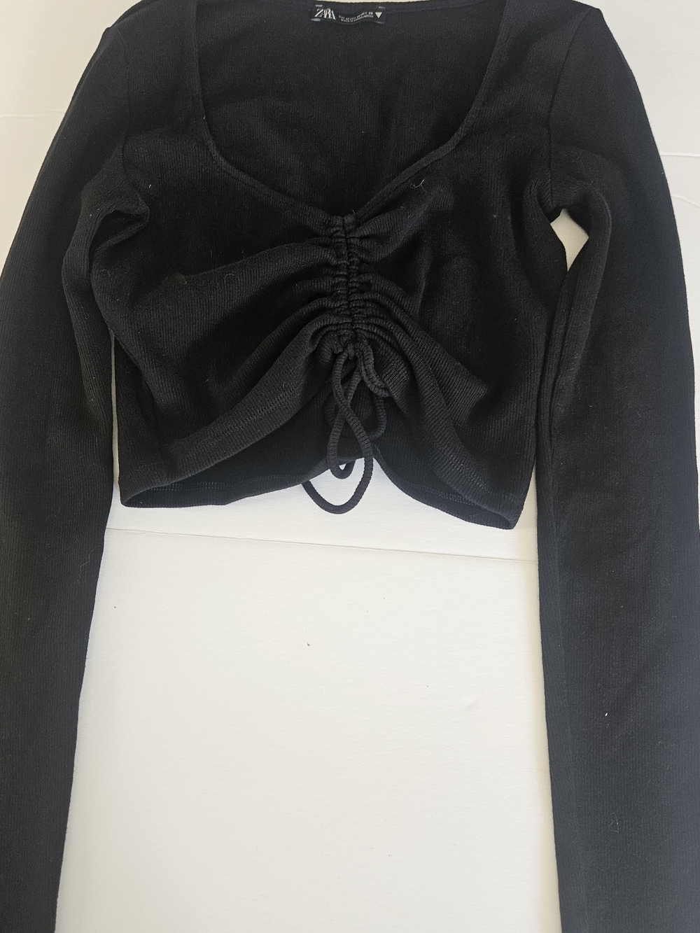 Zara Black Long-Sleeve Ruched Crop Top